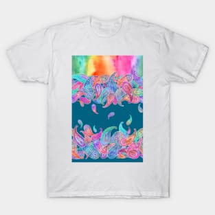 Rainbow Paisley Rain on Blue T-Shirt